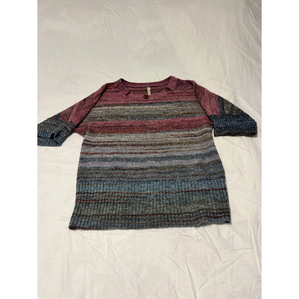 Leo & Nicole Womens Medium Purple Blue Striped Knit Short Sleeve Sweater Top